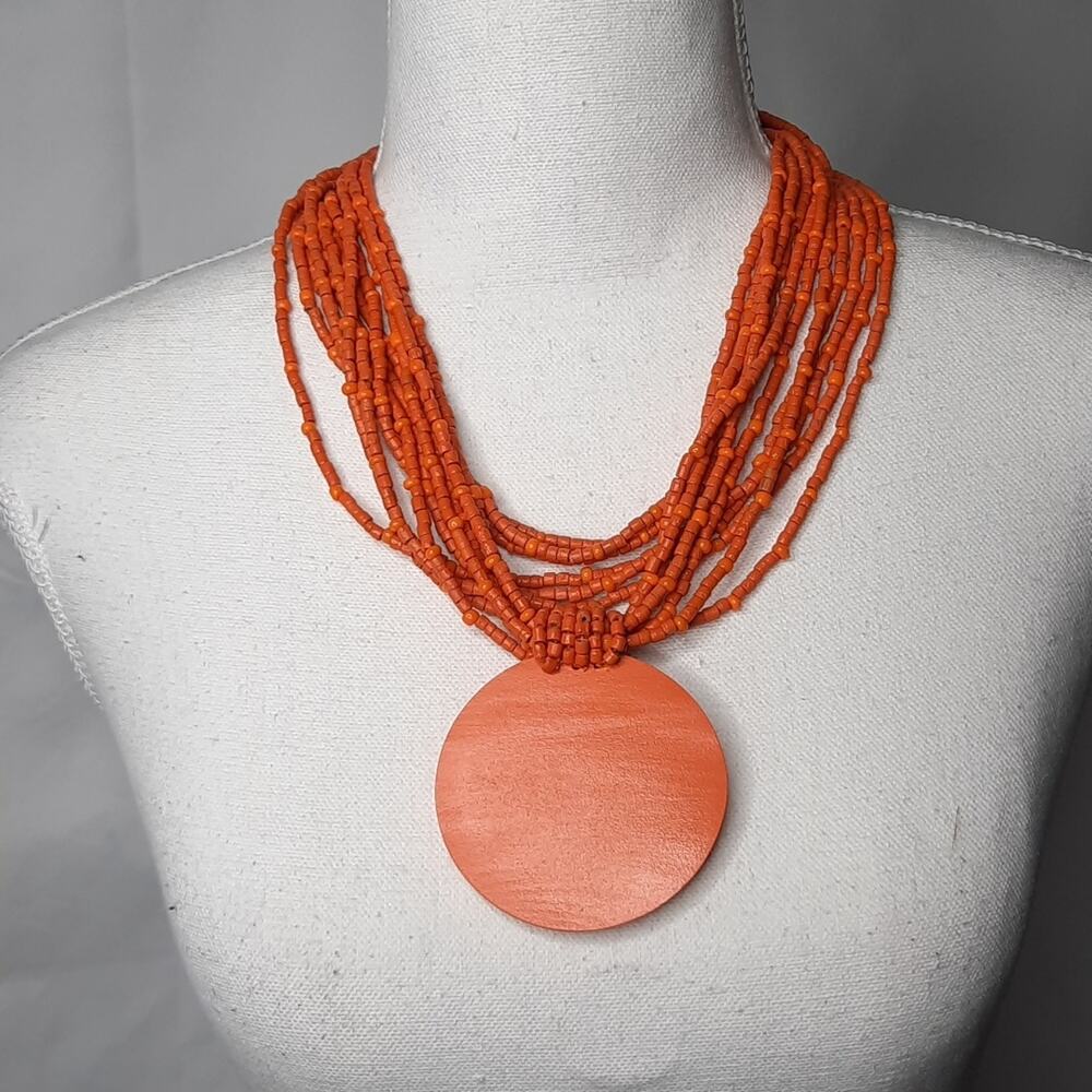 Orange Wooden Beaded Medallion Necklace